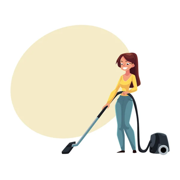 Wanita muda cantik, ibu rumah tangga membersihkan rumah dengan vacuum cleaner - Stok Vektor