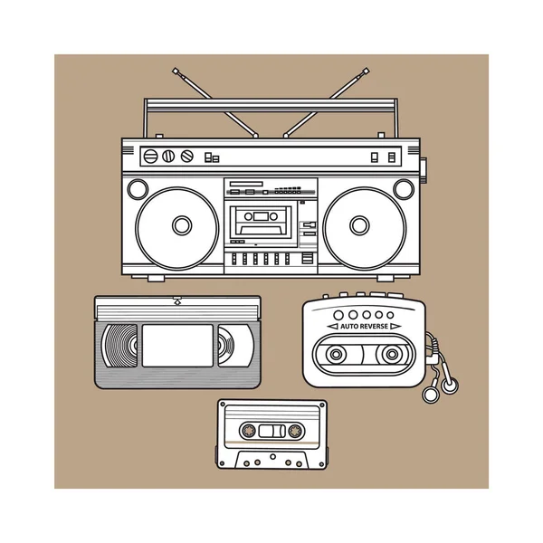 Retro cassette de audio, grabadora, reproductor de música, cinta de vídeo de los años 90 — Vector de stock