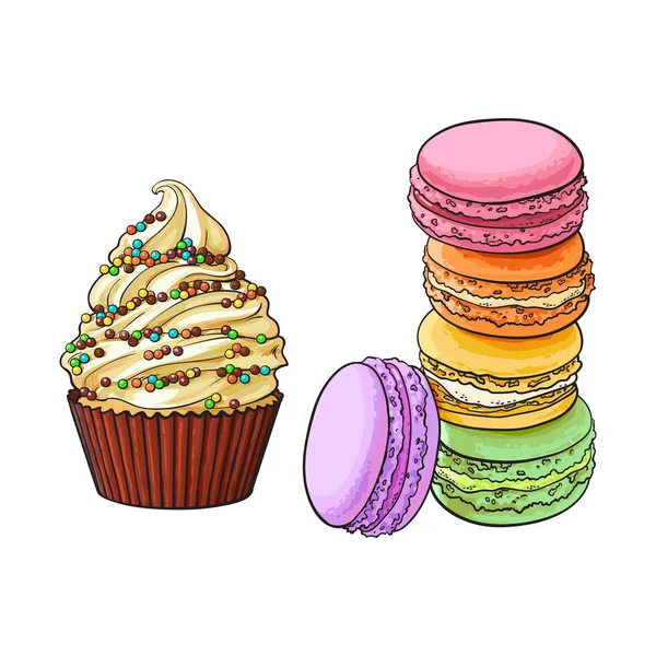 Postres dibujados a mano - cupcake y pila de coloridos pasteles de macarrones — Vector de stock