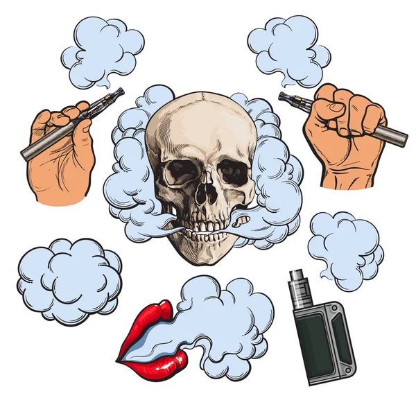 Dampf verwandte Elemente, Symbole - rauchender Schädel und Lippen, Vaporizer, E-Zigarette — Stockvektor