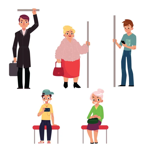 Conjunto de personas sentadas y de pie en el tren subterráneo — Vector de stock