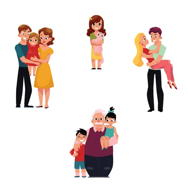 Rodinní příslušníci objímání - rodiče, děti, vnoučata, domácí zvířata, milující pár — Stockový vektor