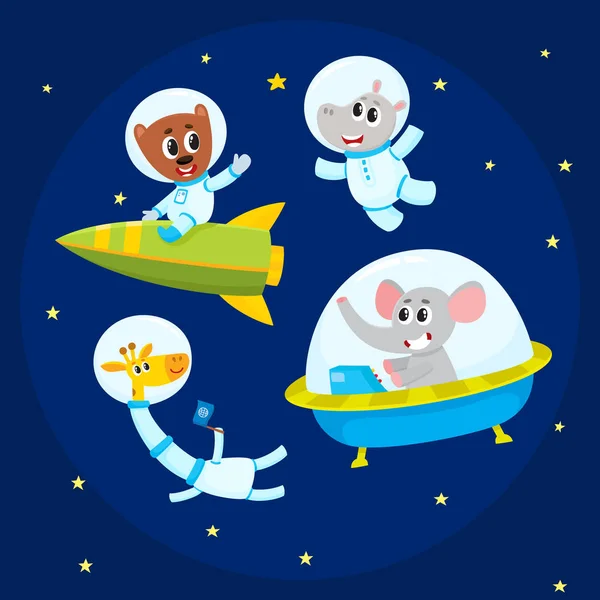 Cute animal astronauts, spacemen - elephant, giraffe, hippo, bear - in space — Stock Vector