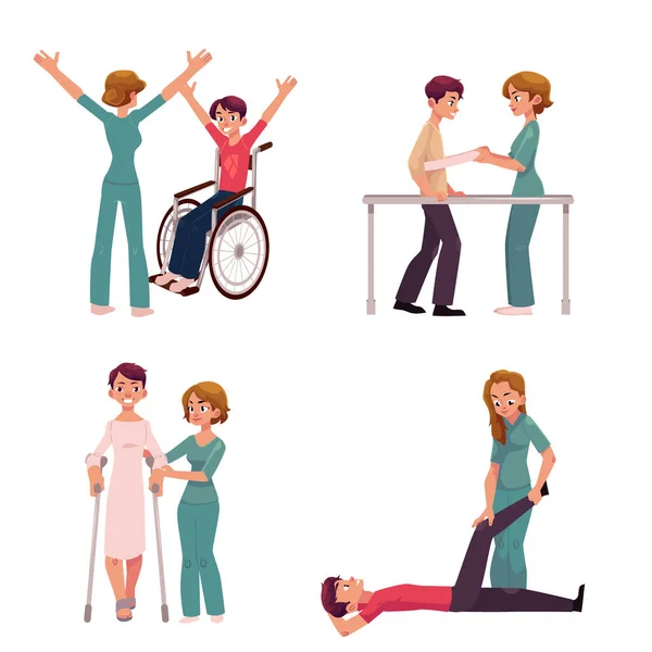 Medical rehabilitation, physical therapy activities, physiotherapist working with patients — Stock Vector