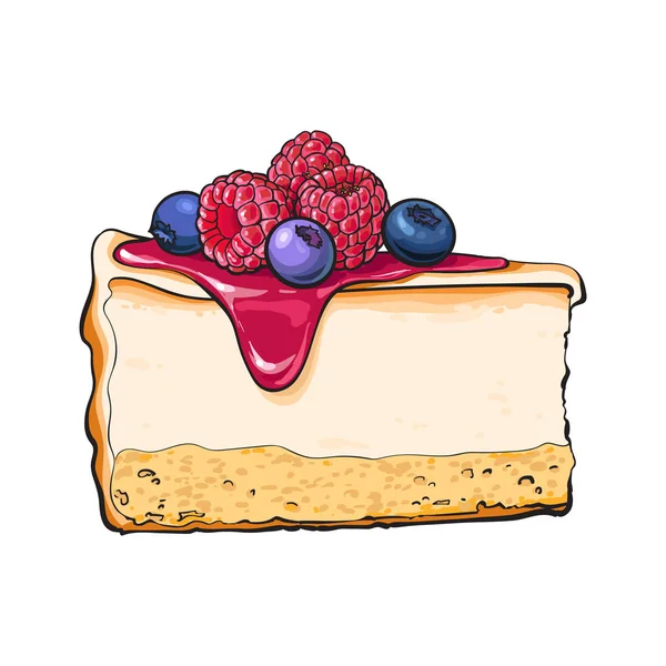 Handgezeichnetes Stück Käsekuchen mit frischen Beeren dekoriert — Stockvektor