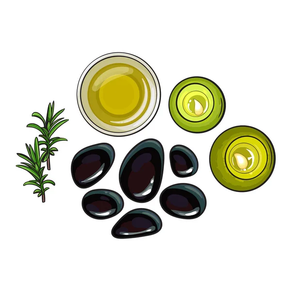 Spa sada - lávové kameny, masážní olej, ručník, svíčky, aromatické soli — Stockový vektor