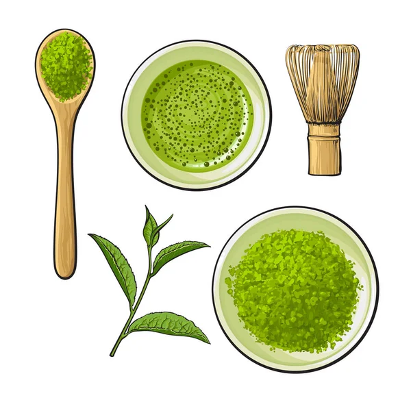 Matcha poeder kom, houten lepel en zwaaien, groene thee blad — Stockvector