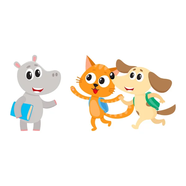 Animaux personnages d'étudiants, hippopotame rencontre chat, chien se précipitant à l'école — Image vectorielle