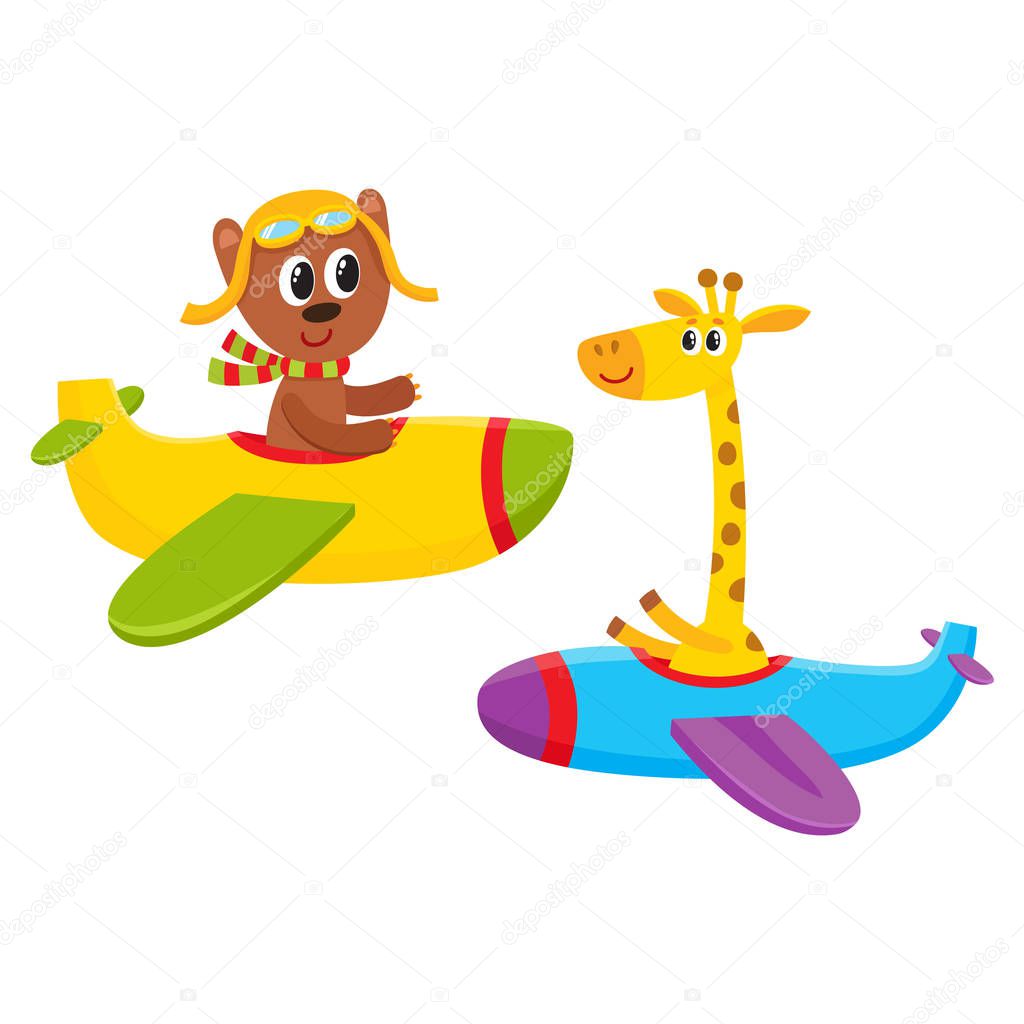 Funny animal pilot characters flying on airplane - bear and giraffe