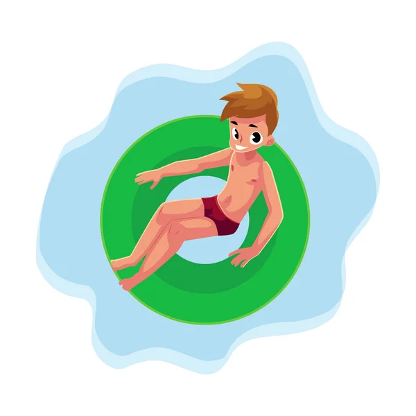Adolescente, adolescente nadando no anel inflável flutuante, vista superior —  Vetores de Stock