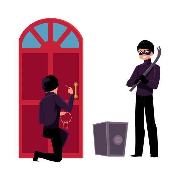 Zloděj, zloděj vloupání v domě nutit otevřené bezpečné — Stockový vektor