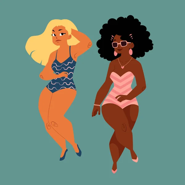 Plump, femmes courbes, filles, modèles plus de taille en maillots de bain — Image vectorielle