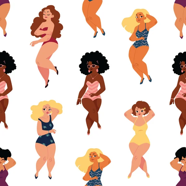 Seamless pattern - pretty plump, curvy women, girls in swimming suits — Stock Vector