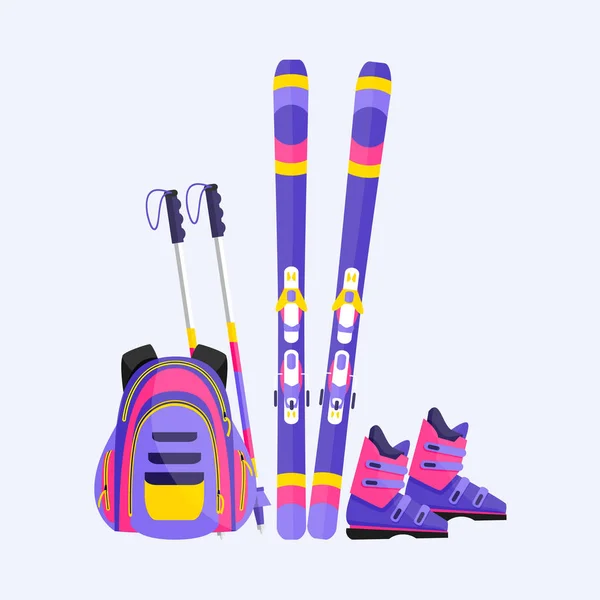 Lyže, hůlky, boty a batoh, Zimní sportovní dovolenou prvky — Stockový vektor