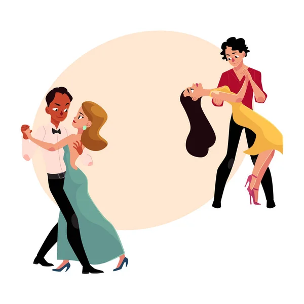 Пары профессиональных танцоров танцуют, смотрят друг на друга — стоковый вектор