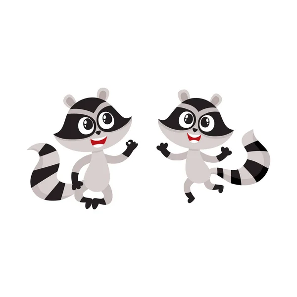 Two cute little raccoon characters jumping from happiness and delight — Stock Vector