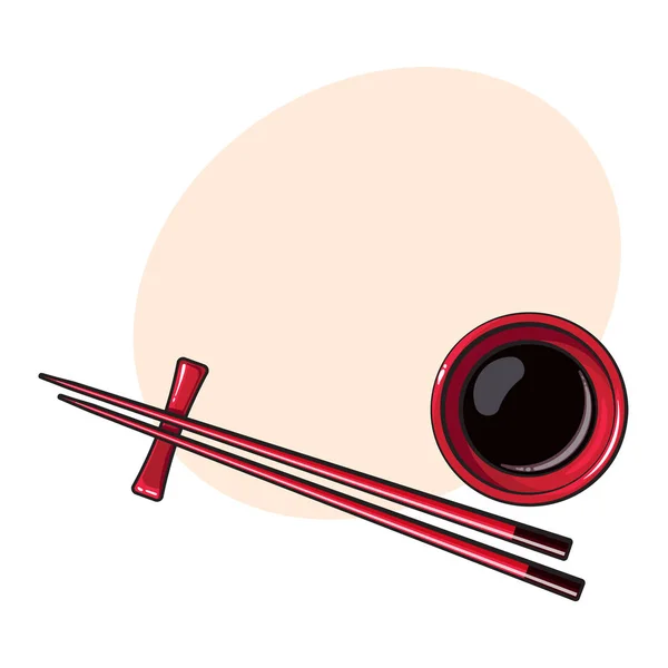醤油のボウルの上に横たわる竹アジア、中国、日本の箸 — ストックベクタ