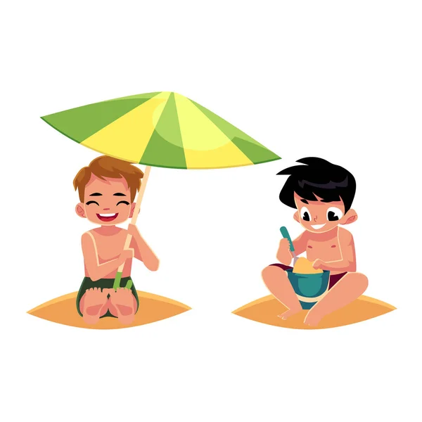 소년 해변에서 재생-작성 물통, 우산 아래 숨어 — 스톡 벡터