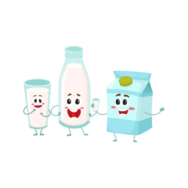 Personajes divertidos de la leche - botella, vidrio, caja de cartón, caras humanas sonrientes — Vector de stock