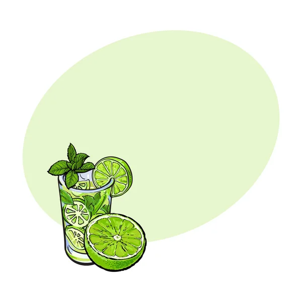 Lime skiva och glas färskpressad juice med is — Stock vektor