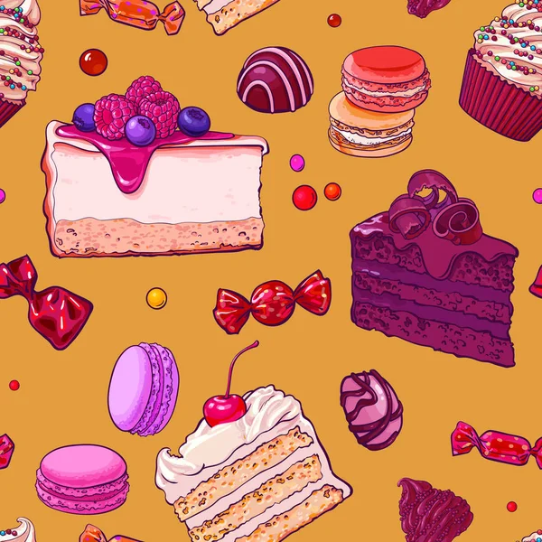 Seamless mönster av hand dras godis, mandelbiskvier, tårtor och cupcakes — Stock vektor