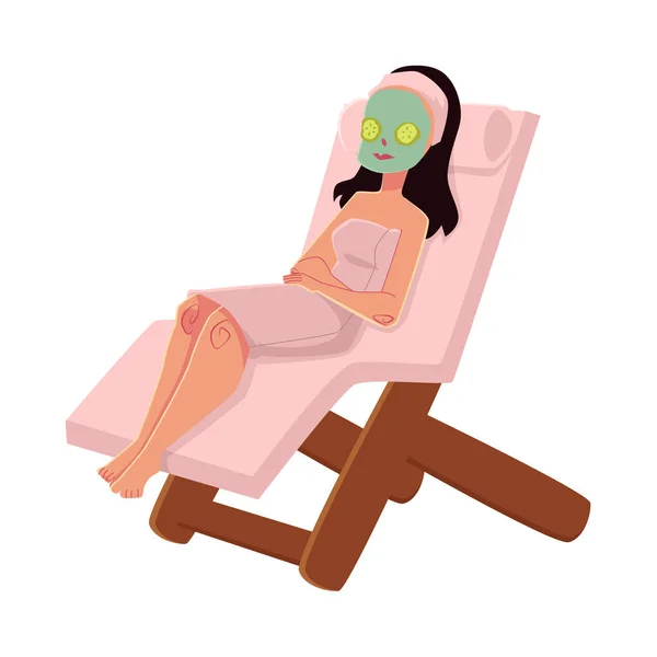 Woman getting facial mask in spa, relaxing in lounge chair — Stock Vector