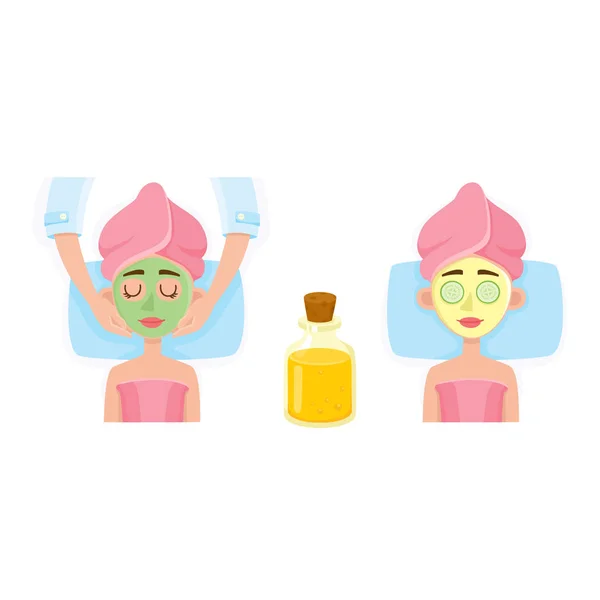 Young woman having facial mask applied and relaxing in spa — Stock Vector