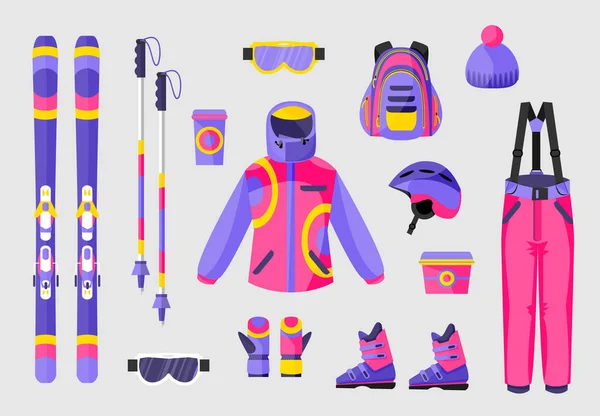 Conjunto de equipo de snowboard, iconos de equipos de ropa, ilustración de vectores planos — Archivo Imágenes Vectoriales