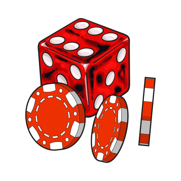 Parlak kırmızı zar ve kumar fişleri, casino öznitelikleri, illüstrasyon vektör — Stok Vektör