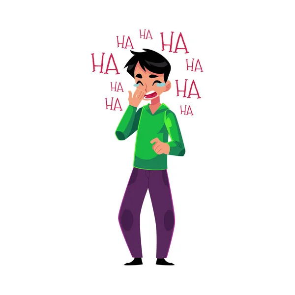 Jeune homme riant à haute voix, pleurant de rire, tenant la bouche — Image vectorielle