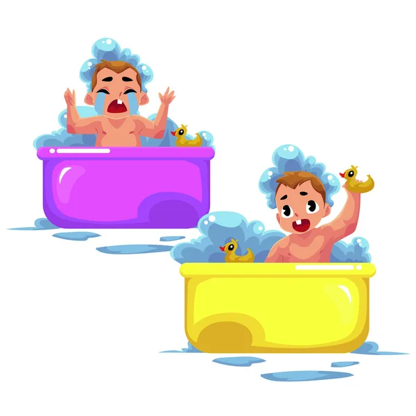 Baby kid, infant, child taking foam bath, happy and crying — Stock Vector