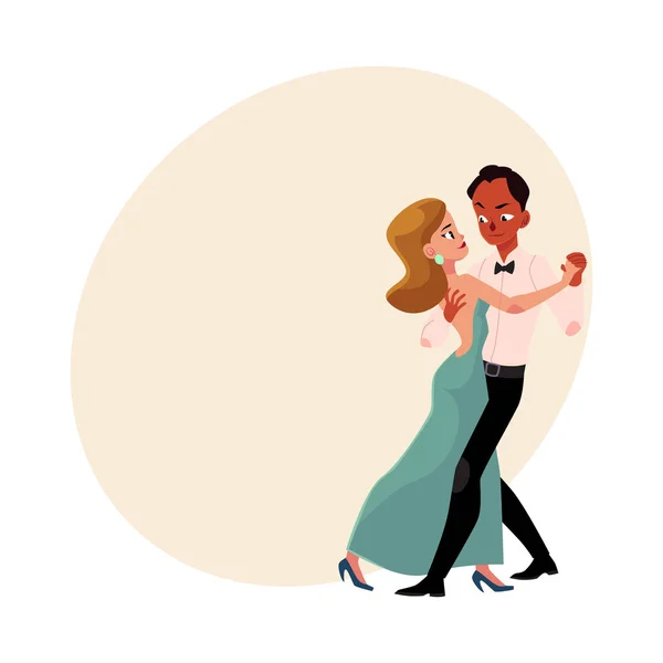 Pareja de bailarines de salón profesionales, mujer caucásica, hombre negro — Vector de stock