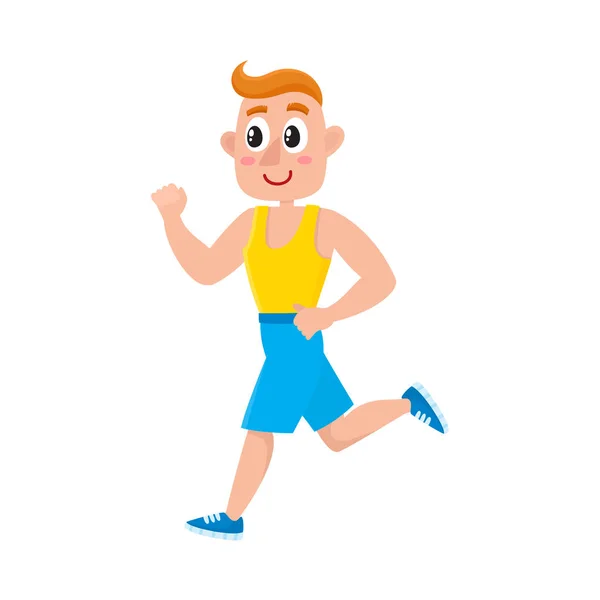 Genç adam koşu bandı üzerinde çalışan spor salonunda spor yapıyor eğitim — Stok Vektör