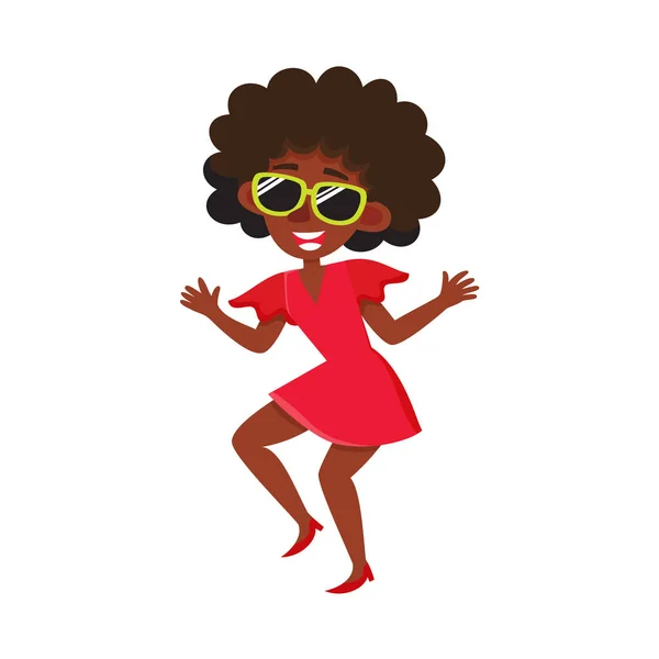 Όμορφα μαύρα, αφρικανική αμερικανική γυναίκα που χορεύει στο ρετρό κόμμα ντίσκο — Διανυσματικό Αρχείο
