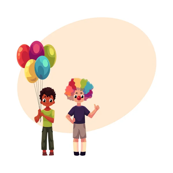 Діти на день народження, тримають повітряні кулі, носять клоунний ніс, віг — стоковий вектор