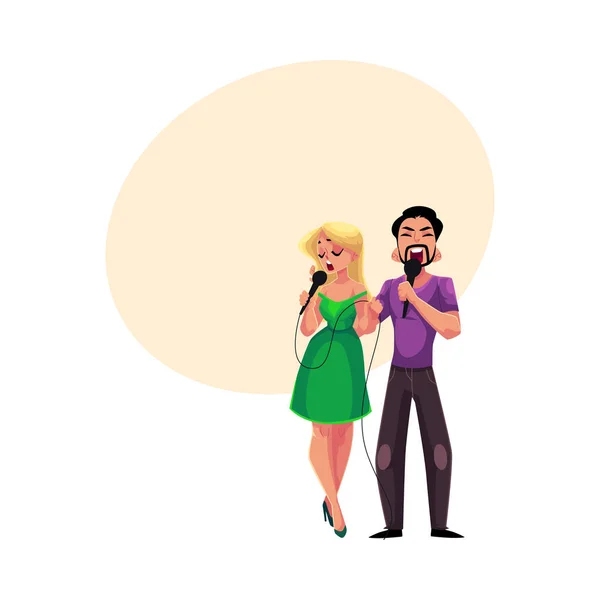 Hombre y mujer cantando en micrófonos, fiesta de karaoke, concurso, competencia — Vector de stock