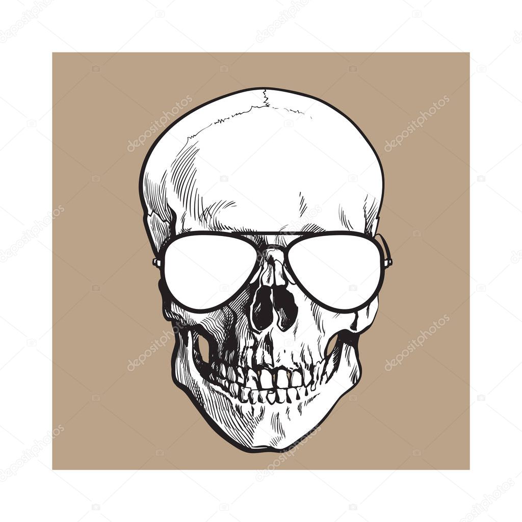 Hand drawn human skull wearing black and white aviator sunglasses