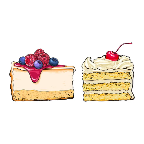 Sobremesas desenhadas à mão - pedaços de bolo de queijo e bolo de baunilha em camadas —  Vetores de Stock