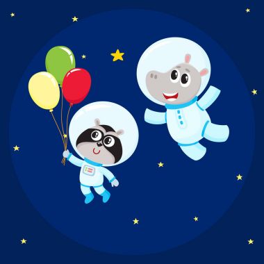 Cute animal astronaut, spaceman characters, hippo and raccoon wearing spacesuits clipart