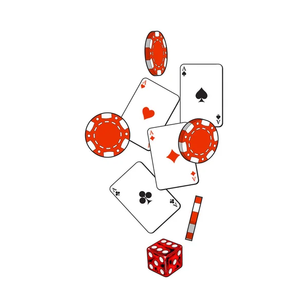 心、 铁锹、 俱乐部、 钻石王牌卡、 骰子赌博筹码 — 图库矢量图片