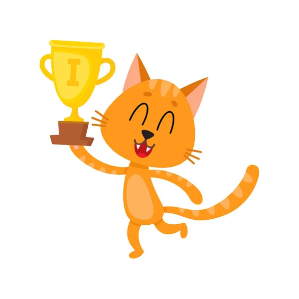 Söt liten röd katt karaktär, champion holding golden vinnare cup — Stock vektor