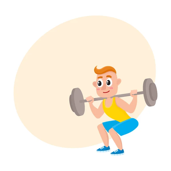年轻人与杠铃，蹲在健身房锻炼运动 — 图库矢量图片