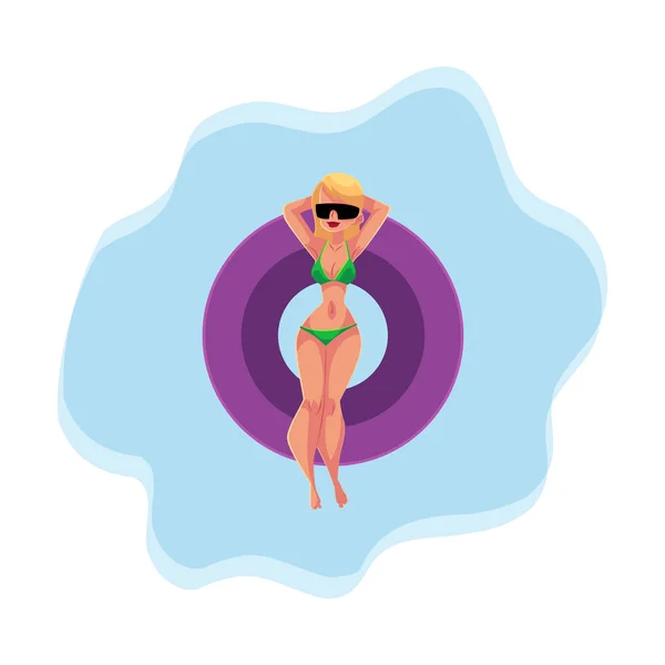 Девушка, женщина в бикини и солнцезащитных очках, плавающие на надувном кольце — стоковый вектор