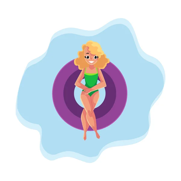 Блондинка, женщина в купальнике на надувном кольце — стоковый вектор