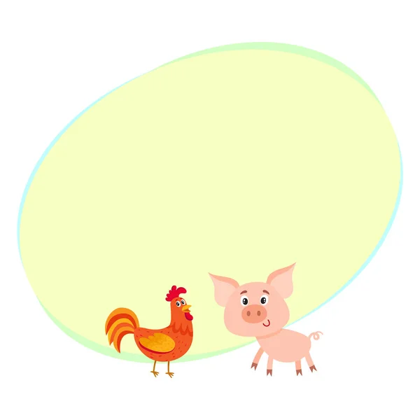 Póster, etiqueta, modelo de pancarta con cerdo de granja y gallo rojo — Vector de stock
