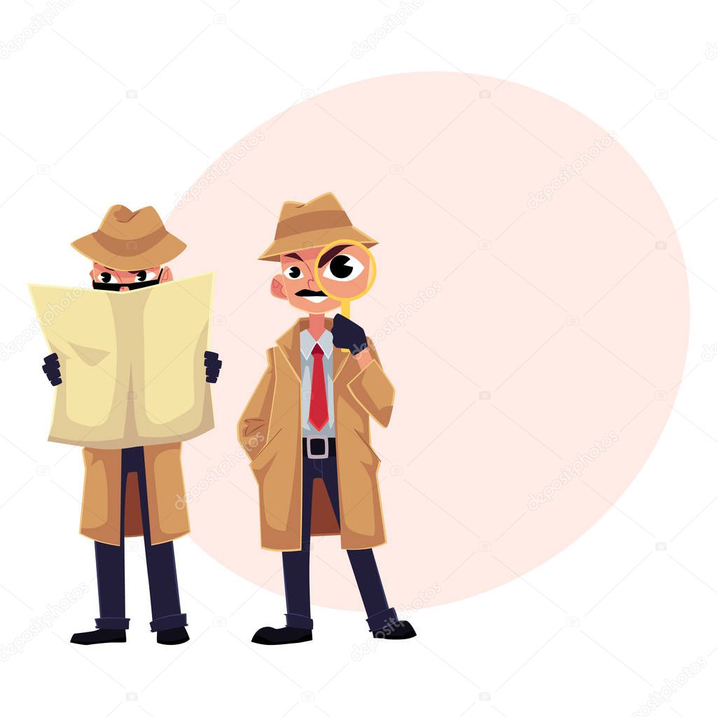 Detective character with magnifying glass, disguising, spying from a bush