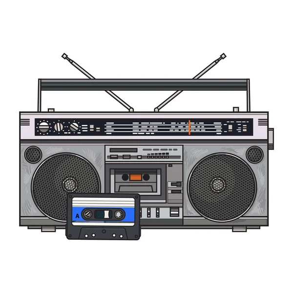 Audio tape recorder, ghetto boom box and audiotape from 90s — Stock Vector