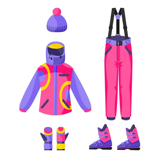 Roupa de esqui, snowboard - casaco, calças, luvas, botas, chapéu de gorro — Vetor de Stock