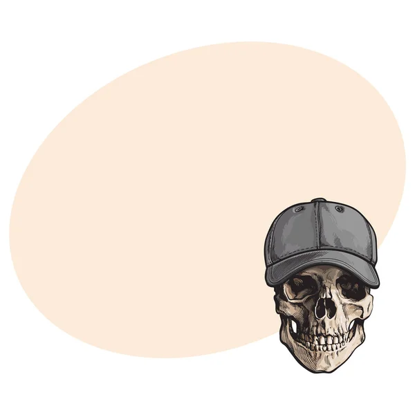 手绘的人类头骨穿着灰色彩色标示的棒球帽 — 图库矢量图片