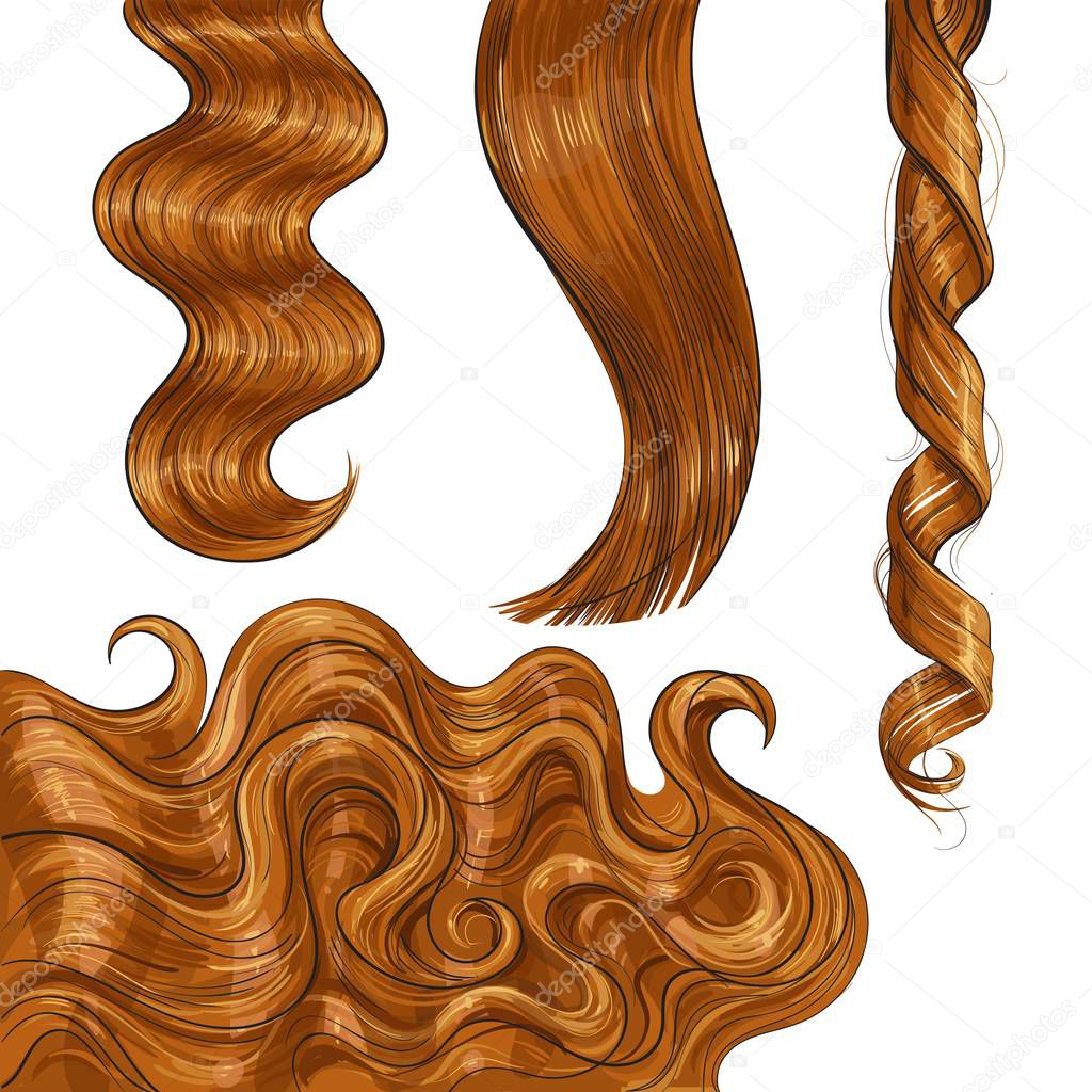 Shiny long red, fair straight and wavy hair curls